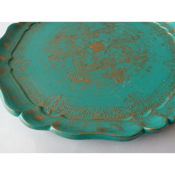 VTG Galway Inc. Etched Wood 13.5" Turquiose & Gold Decorative Plate Tray - Picture 9 of 16